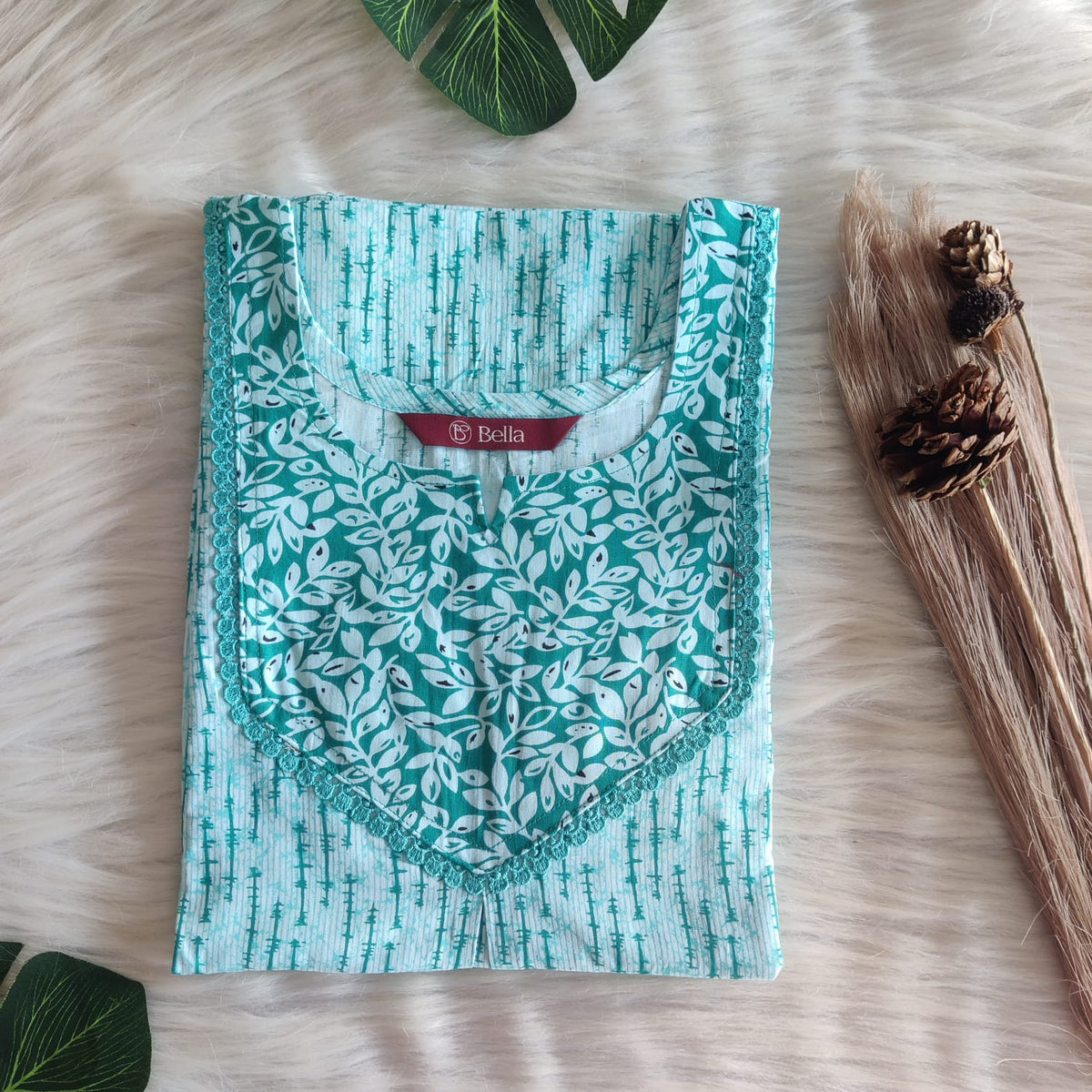 Green And White Printed Premium Cotton Mix N Match Lace Pocket Nighty | Free Size | Chest Width 44″| Length 56″