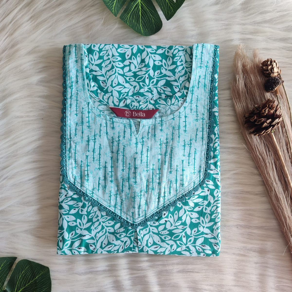 White And Green Leaf Printed Premium Cotton Mix N Match Lace Pocket Nighty | Free Size | Chest Width 44″| Length 56″
