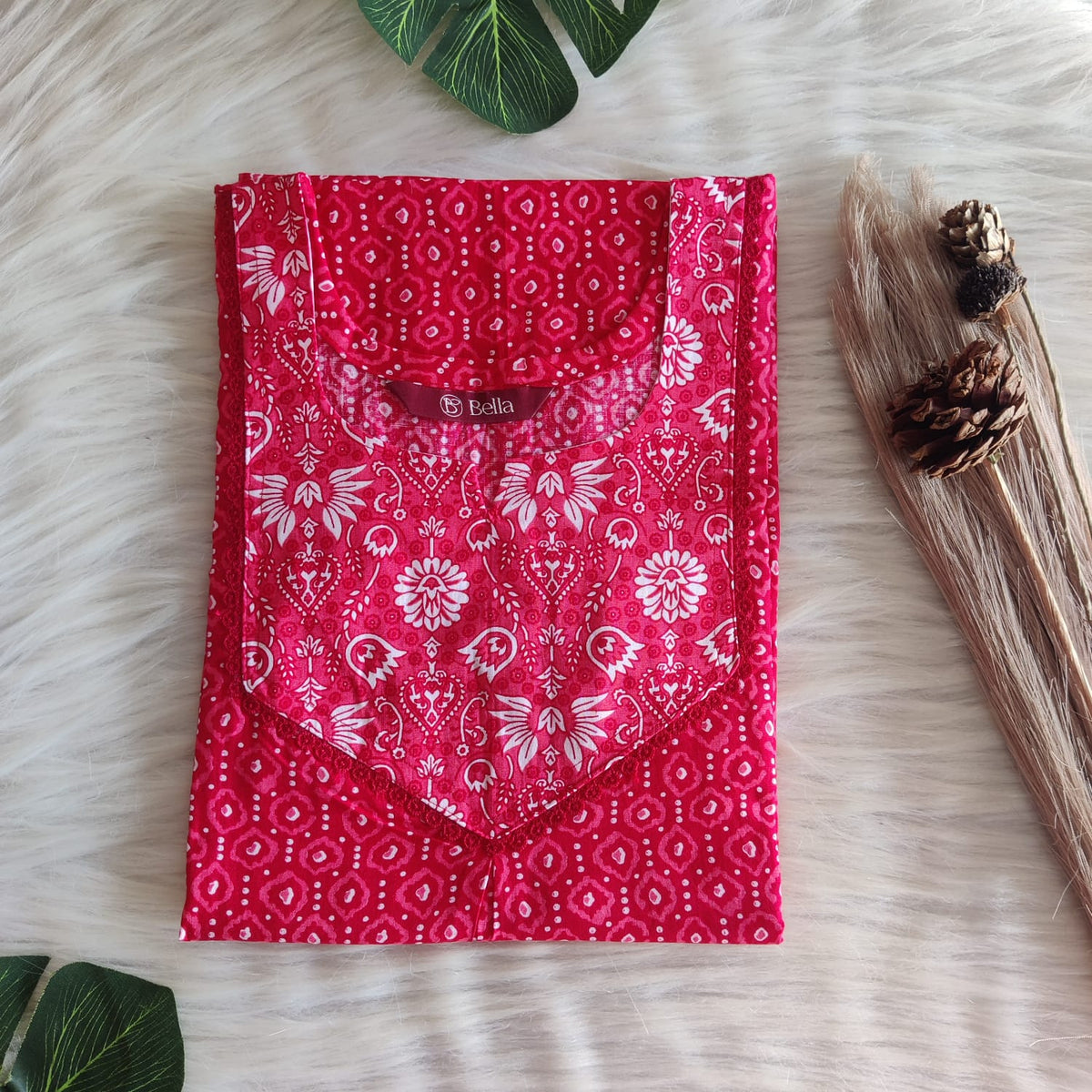 White And Red Printed Premium Cotton Mix N Match Lace Pocket Nighty | Free Size | Chest Width 44″| Length 56″