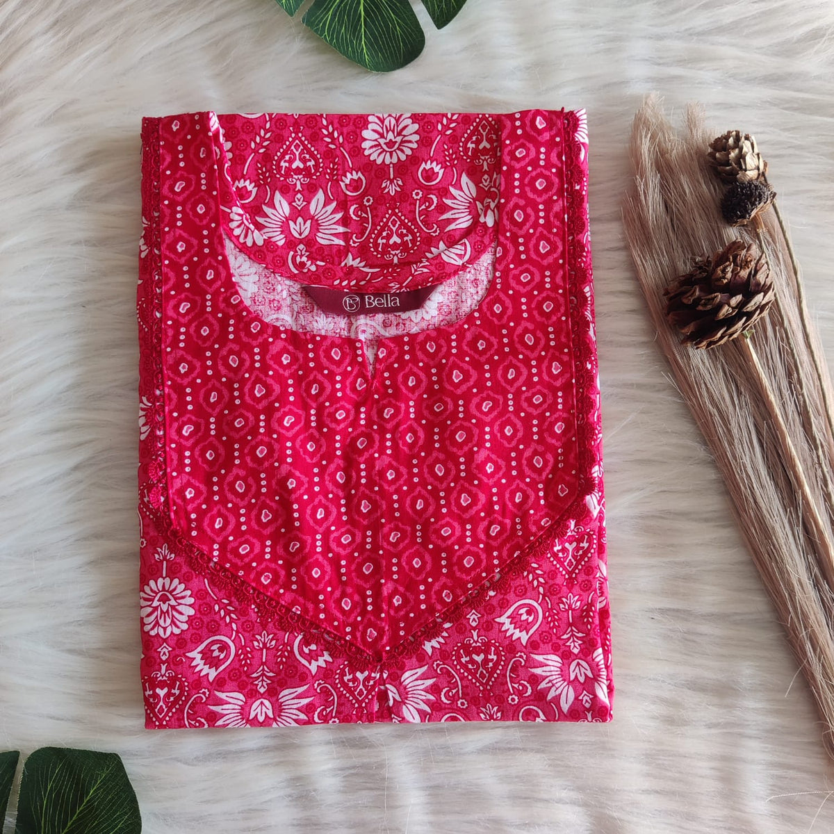 Red And White Floral Printed Premium Cotton Mix N Match Lace Pocket Nighty | Free Size | Chest Width 44″| Length 56″