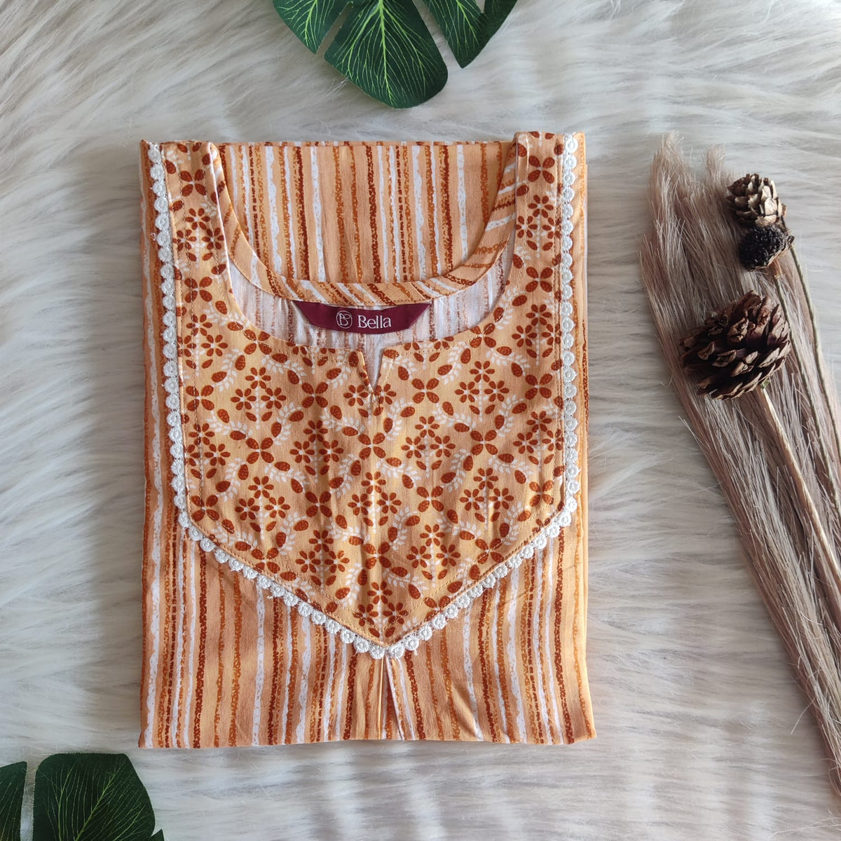 Dark And Pale Brown Stripes Printed Premium Cotton Mix N Match Lace Pocket Nighty | Free Size | Chest Width 44″| Length 56″
