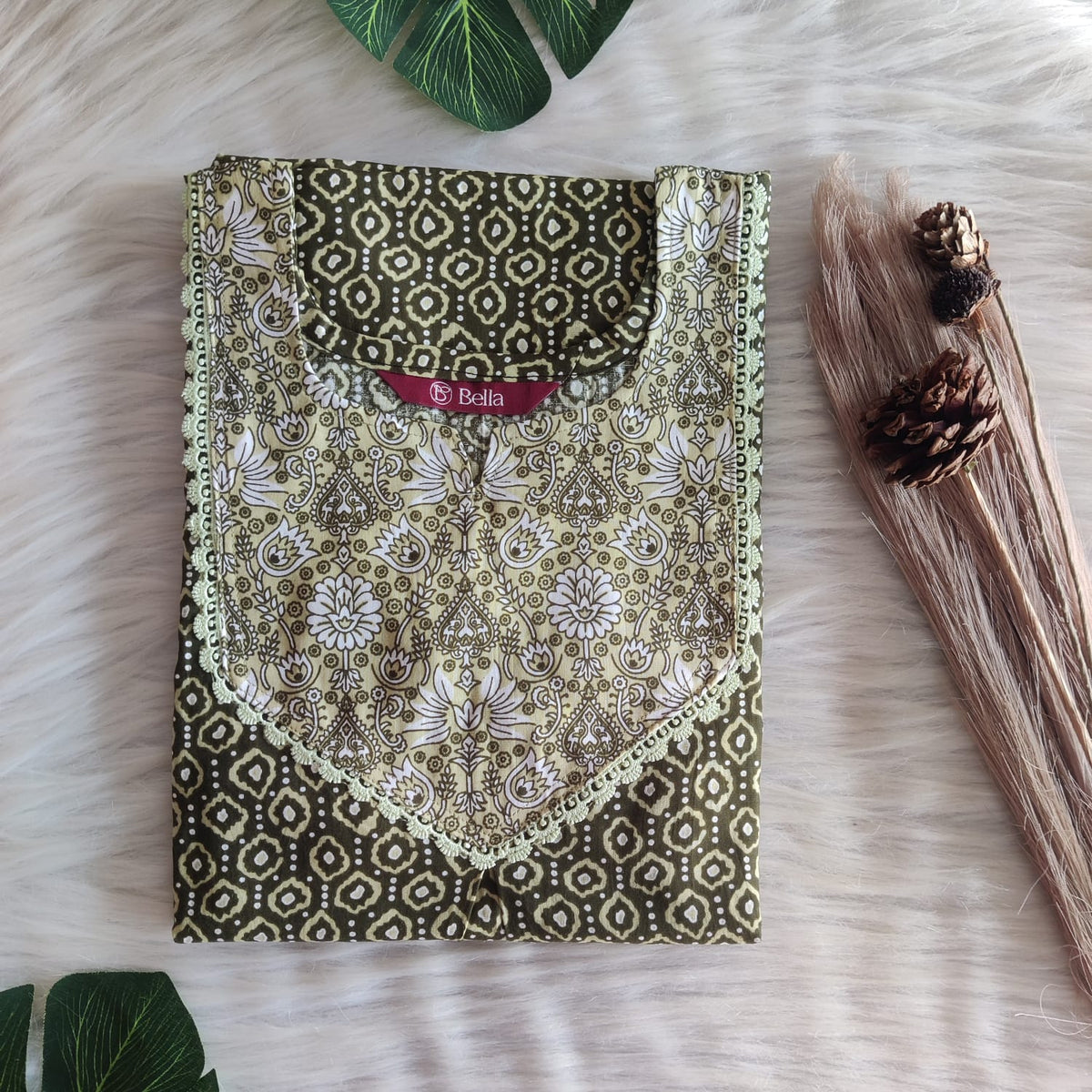 Pale And Dark Green Printed Premium Cotton Mix N Match Lace Pocket Nighty | Free Size | Chest Width 44″| Length 56″