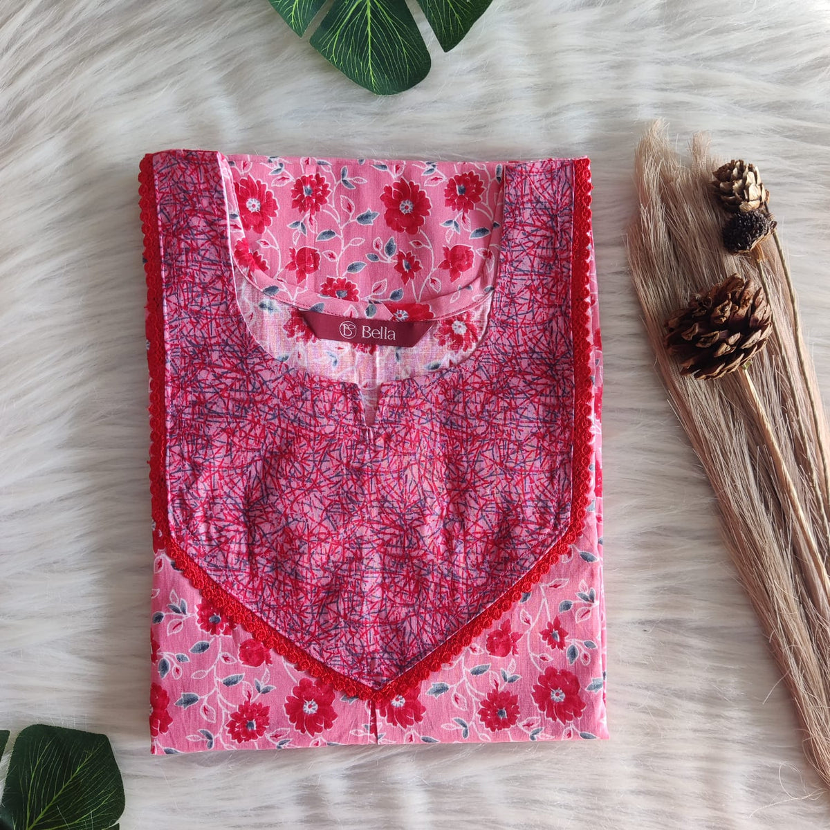 Red And Peach Floral Printed Premium Cotton Mix N Match Lace Pocket Nighty | Free Size | Chest Width 44″| Length 56″