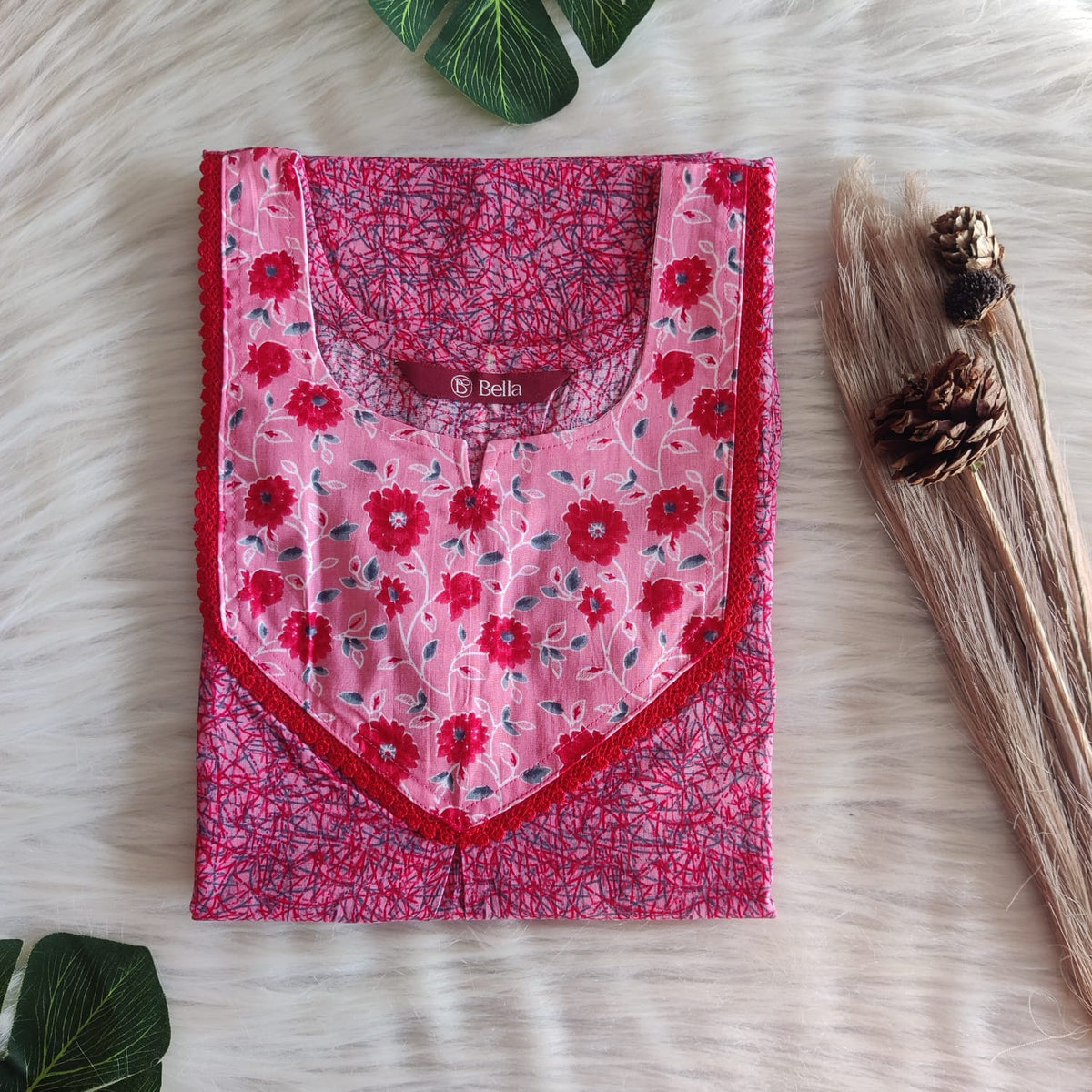 Peach And Red Printed Premium Cotton Mix N Match Lace Pocket Nighty | Free Size | Chest Width 44″| Length 56″
