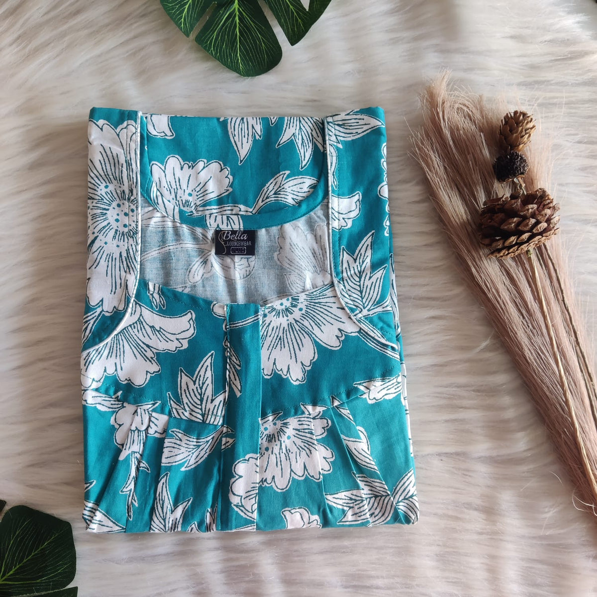 Blue And White Floral Premium Cotton Pleated Zip Nighty | Free Size | Chest Width 44″| Length 54″-55″