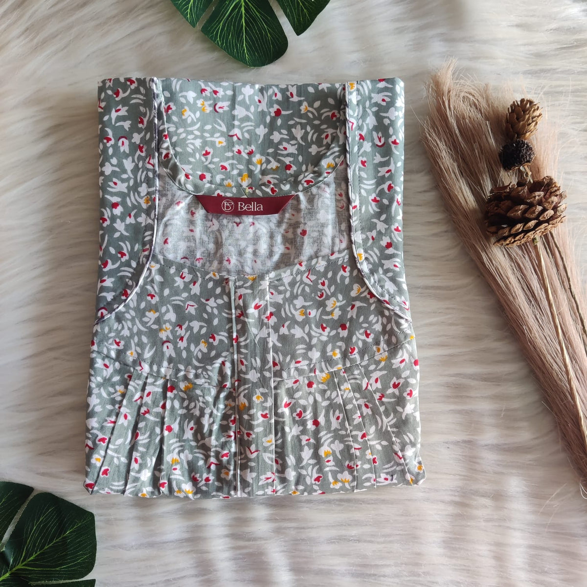 Grey Floral Premium Cotton Pleated Zip Nighty | Free Size | Chest Width 44″| Length 54″-55″