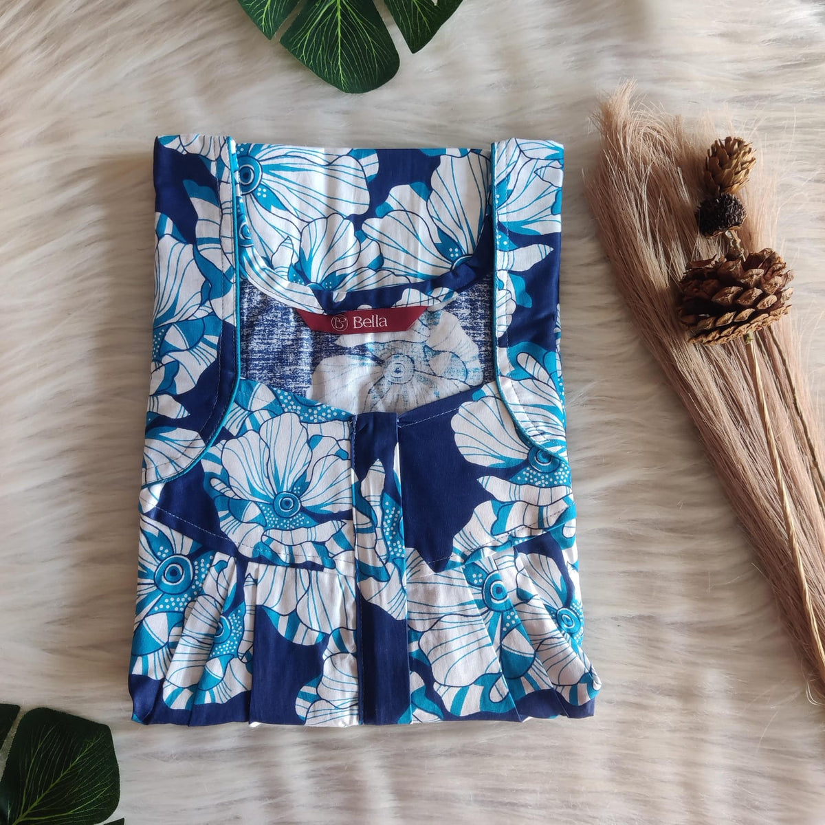 Navy-Blue And White Floral Premium Cotton Pleated Zip Nighty | Free Size | Chest Width 44″| Length 54″-55″