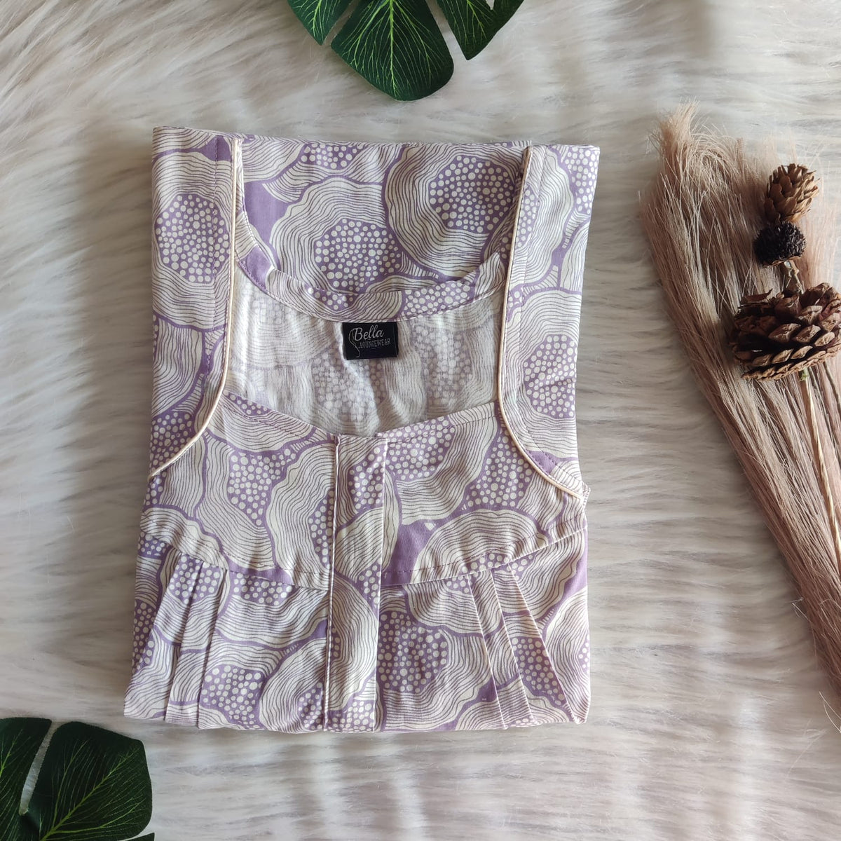 Lavender Premium Cotton Pleated Zip Nighty | Free Size | Chest Width 44″| Length 54″-55″