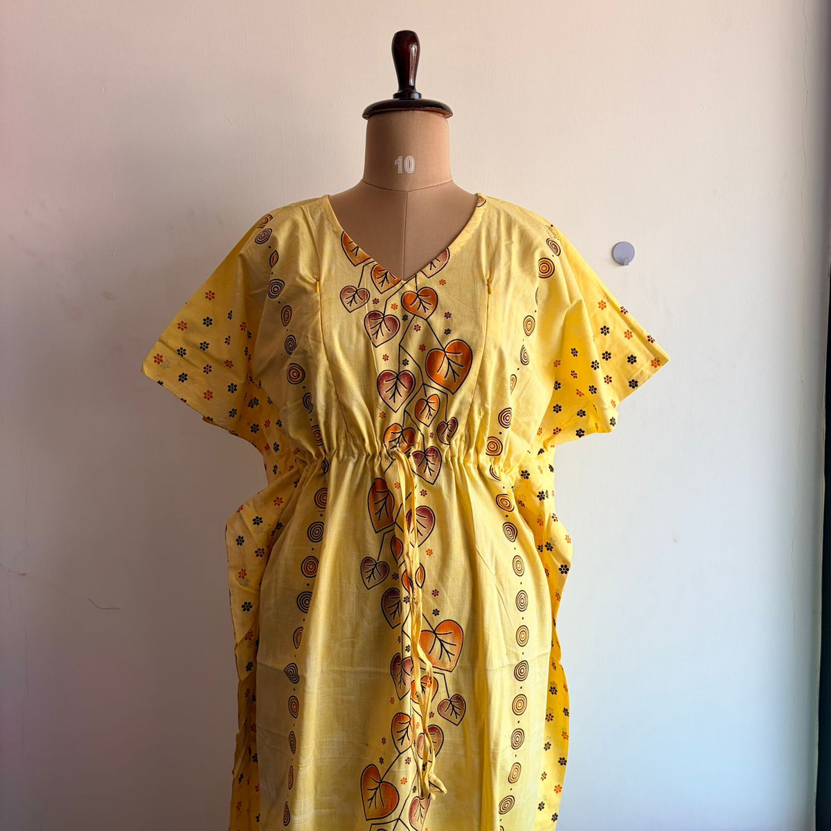 Yellow Leaf Printed Premium Cotton Feeding Kaftan | Free Size | Chest Width 44″| Length 56″