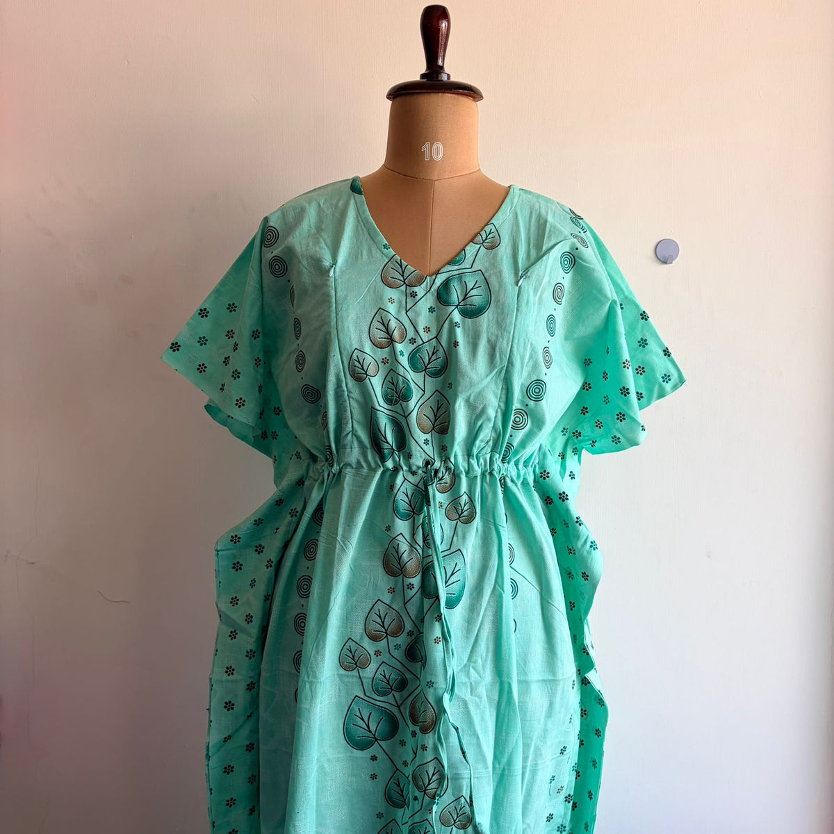 Pastel Green Leaf Printed Premium Cotton Feeding Kaftan | Free Size | Chest Width 44″| Length 56″