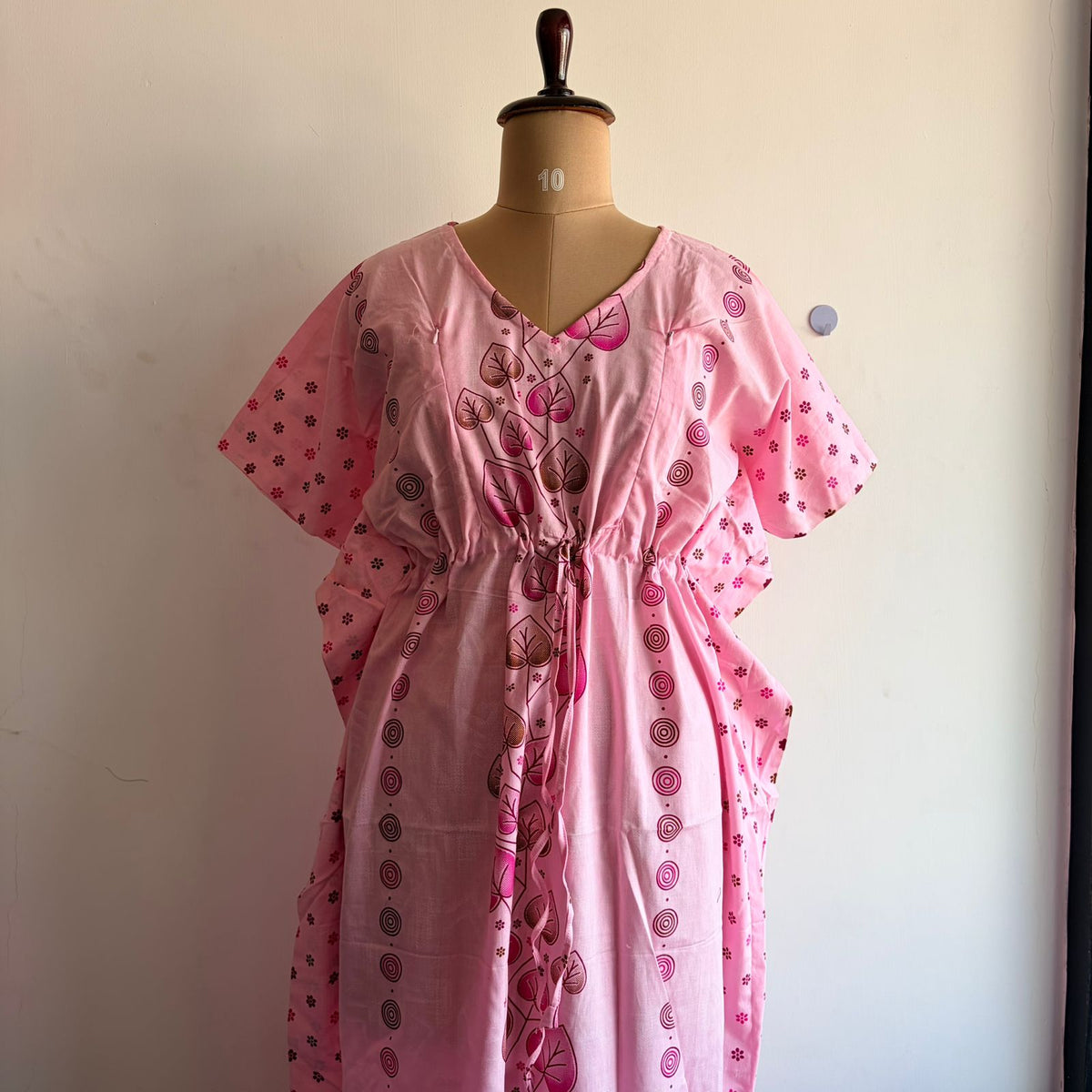 Pastel Pink Leaf Printed Premium Cotton Feeding Kaftan | Free Size | Chest Width 44″| Length 56″