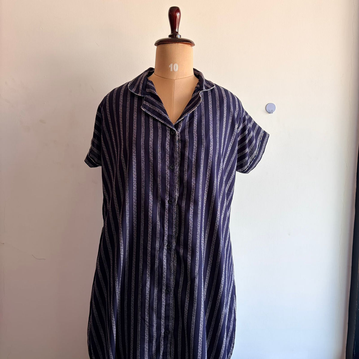 Navy-Blue Stripes Printed Alpine Full Open Long Polo Shirt Dress | Side Pocket | Free Size | Chest Width 44″| Length 44″