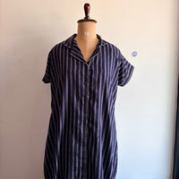 Navy-Blue Stripes Printed Alpine Full Open Long Polo Shirt Dress | Side Pocket | Free Size | Chest Width 44″| Length 44″