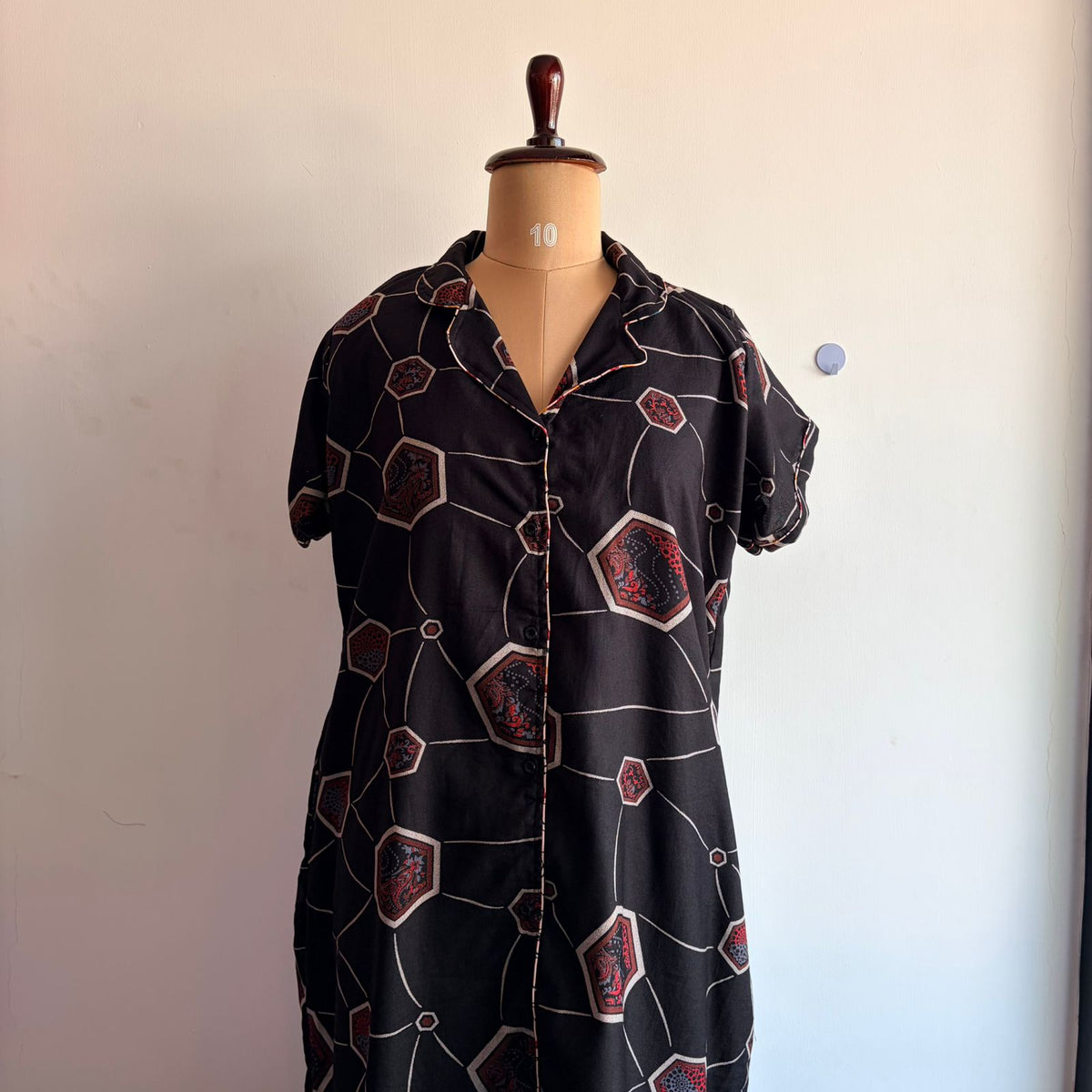 Black Printed Alpine Full Open Long Polo Shirt Dress | Side Pocket | Free Size | Chest Width 44″| Length 44″