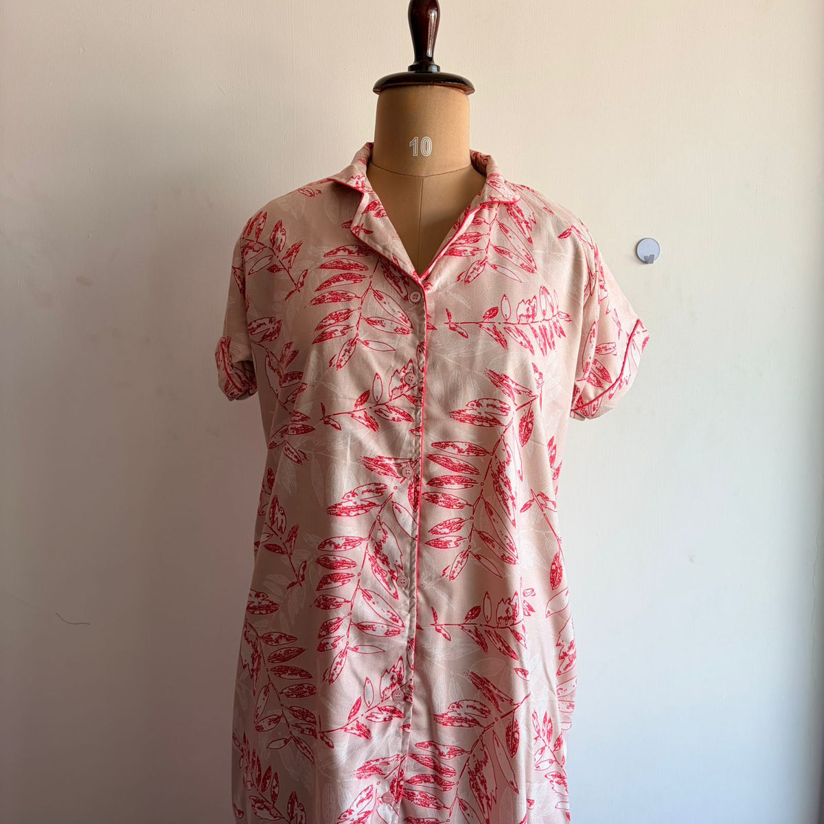 Peach And Cream Leaf Printed Alpine Full Open Long Polo Shirt Dress | Side Pocket | Free Size | Chest Width 44″| Length 44″
