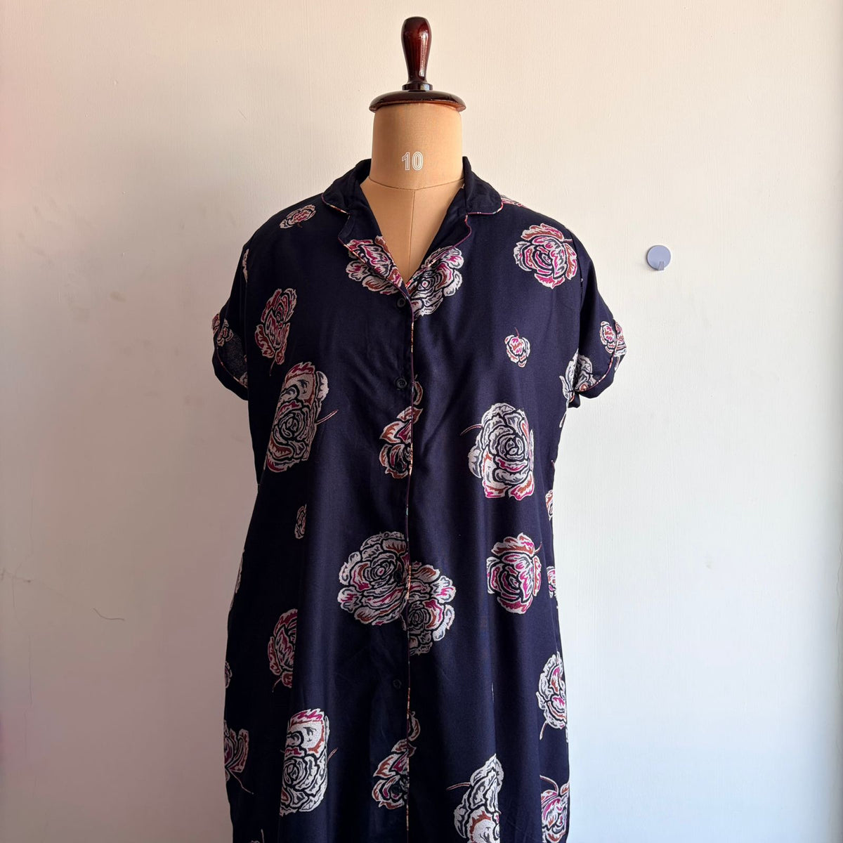 Navy-Blue Floral Printed Alpine Full Open Long Polo Shirt Dress | Side Pocket | Free Size | Chest Width 44″| Length 44″