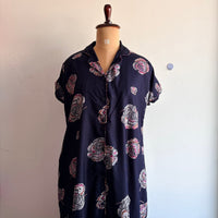 Navy-Blue Floral Printed Alpine Full Open Long Polo Shirt Dress | Side Pocket | Free Size | Chest Width 44″| Length 44″