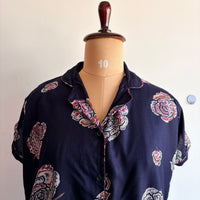 Navy-Blue Floral Printed Alpine Full Open Long Polo Shirt Dress | Side Pocket | Free Size | Chest Width 44″| Length 44″