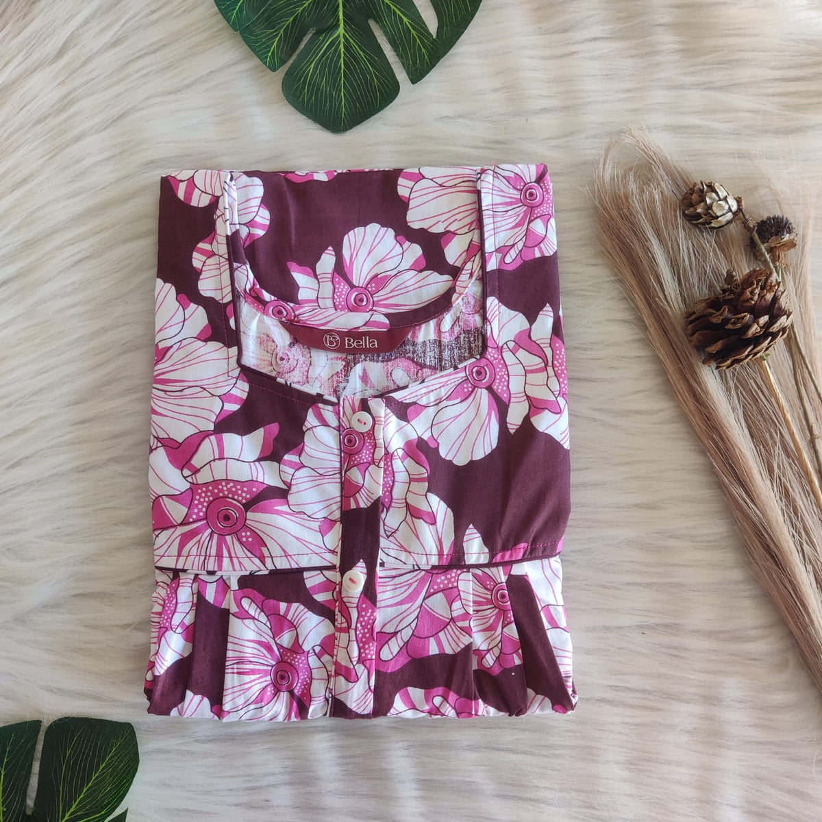 Wine And Pink Floral Printed Premium Cotton Button Zip Nighty | Free Size | Chest Width 44″| Length 55″-56″
