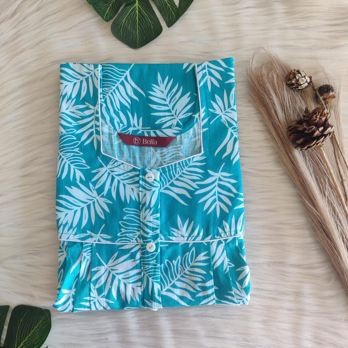 Blue And White Leaf Printed Premium Cotton Button Zip Nighty | Free Size | Chest Width 44″| Length 55″-56″