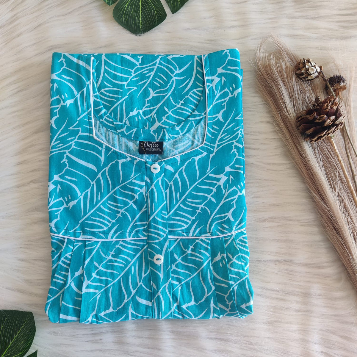 Aqua Blue Printed Premium Cotton Button Zip Nighty | Free Size | Chest Width 44″| Length 55″-56″