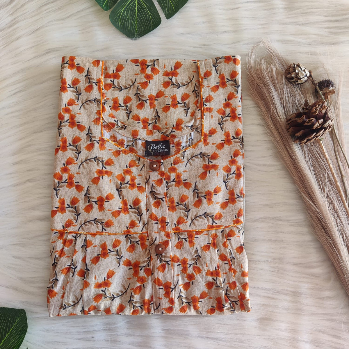 Cream And Orange Floral Printed Premium Cotton Button Zip Nighty | Free Size | Chest Width 44″| Length 55″-56″