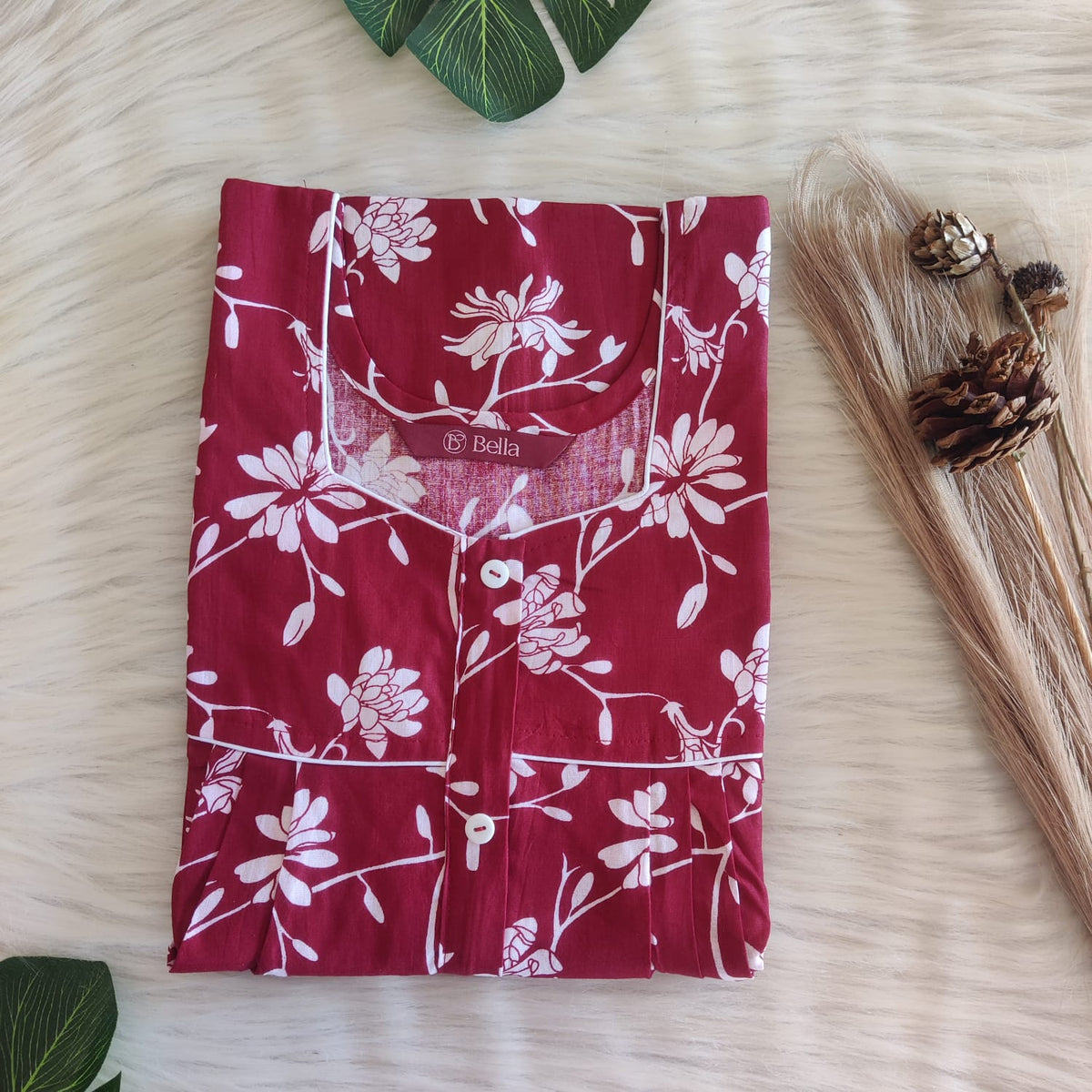 Maroon And White Floral Printed Premium Cotton Button Zip Nighty | Free Size | Chest Width 44″| Length 55″-56″