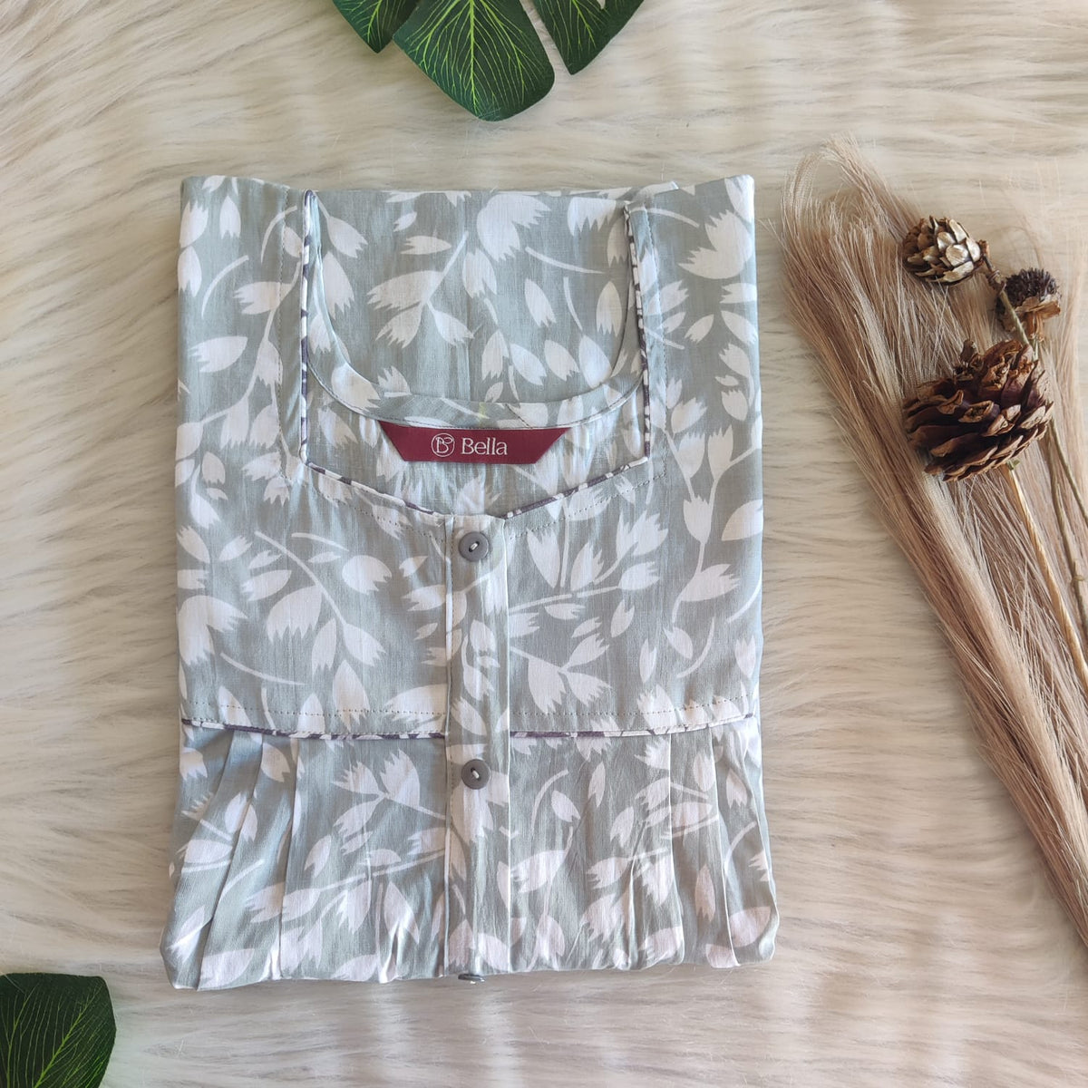 Grey And White Floral Printed Premium Cotton Button Zip Nighty | Free Size | Chest Width 44″| Length 55″-56″