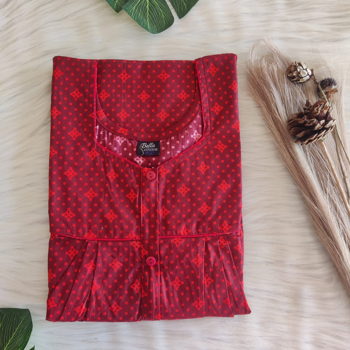 Maroon And Red Dot Printed Premium Cotton Button Zip Nighty | Free Size | Chest Width 44″| Length 55″-56″