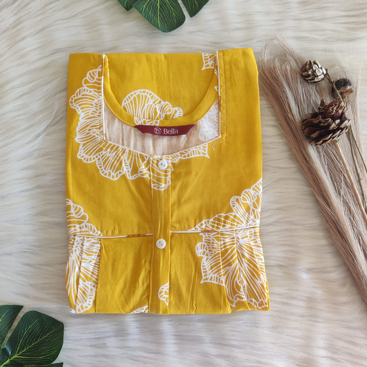 Yellow And White Printed Premium Cotton Button Zip Nighty | Free Size | Chest Width 44″| Length 55″-56″