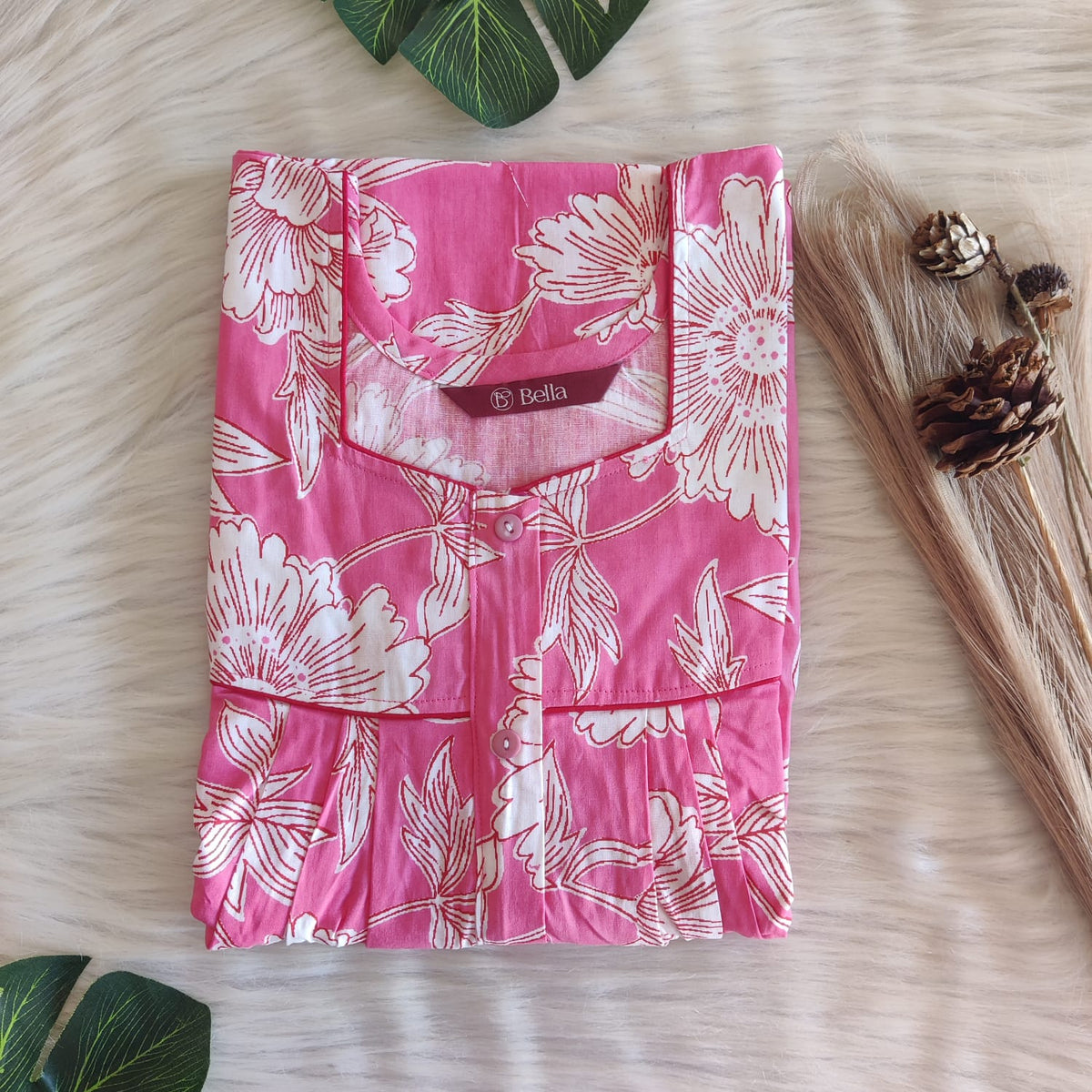Pink And White Floral Printed Premium Cotton Button Zip Nighty | Free Size | Chest Width 44″| Length 55″-56″