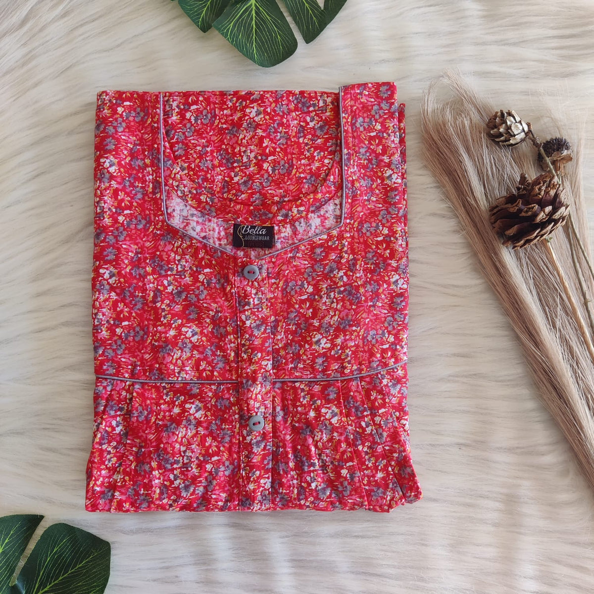 Red And Grey Floral Printed Premium Cotton Button Zip Nighty | Free Size | Chest Width 44″| Length 55″-56″