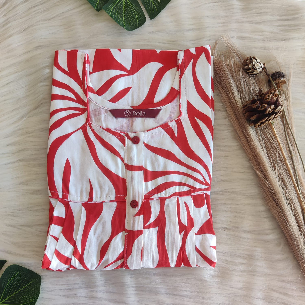 Red And White Printed Premium Cotton Button Zip Nighty | Free Size | Chest Width 44″| Length 55″-56″