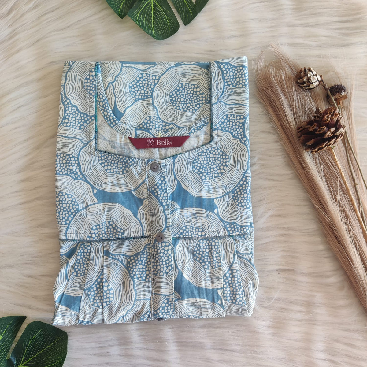 Pastel Blue Printed Premium Cotton Button Zip Nighty | Free Size | Chest Width 44″| Length 55″-56″