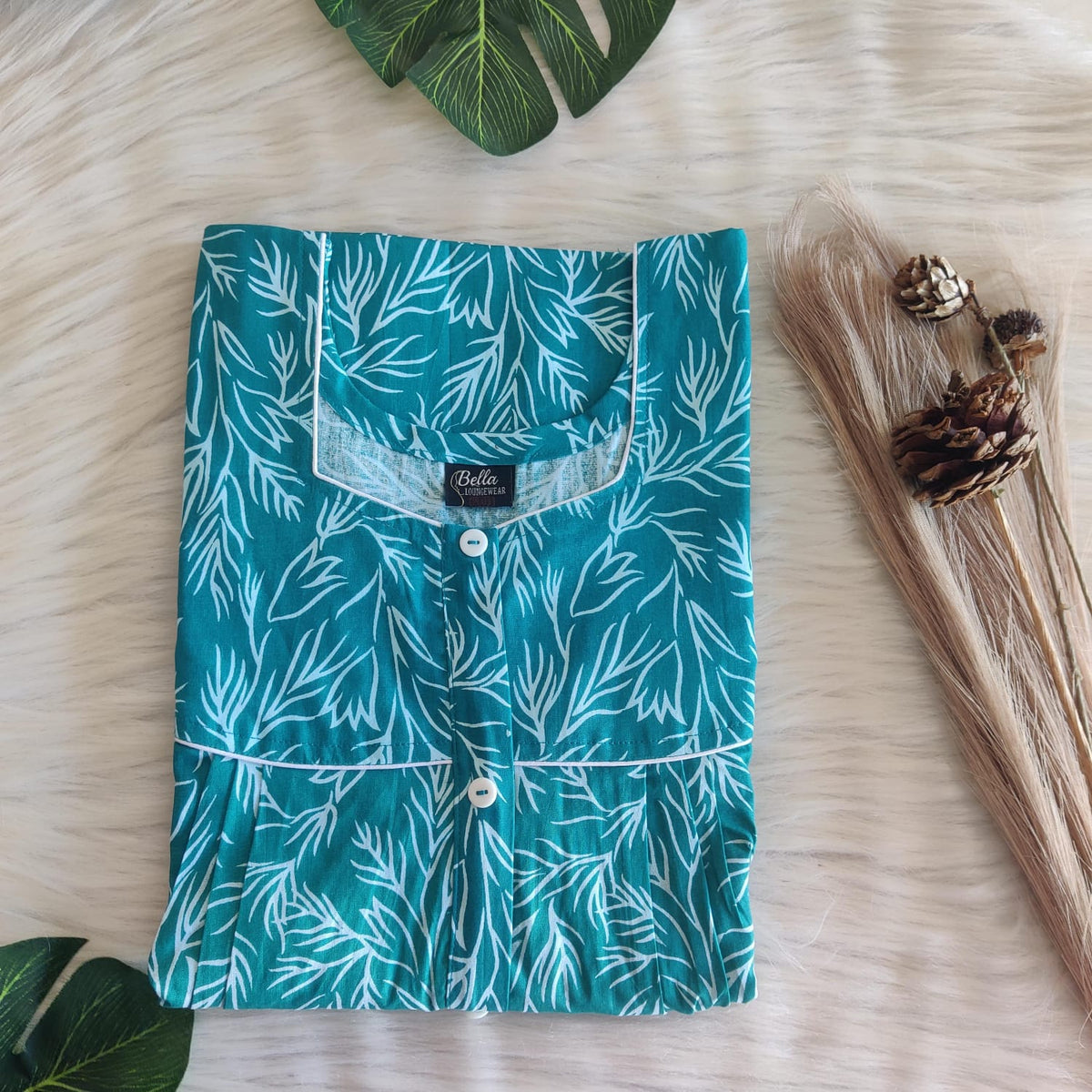 Turquoise Blue Printed Premium Cotton Button Zip Nighty | Free Size | Chest Width 44″| Length 55″-56″