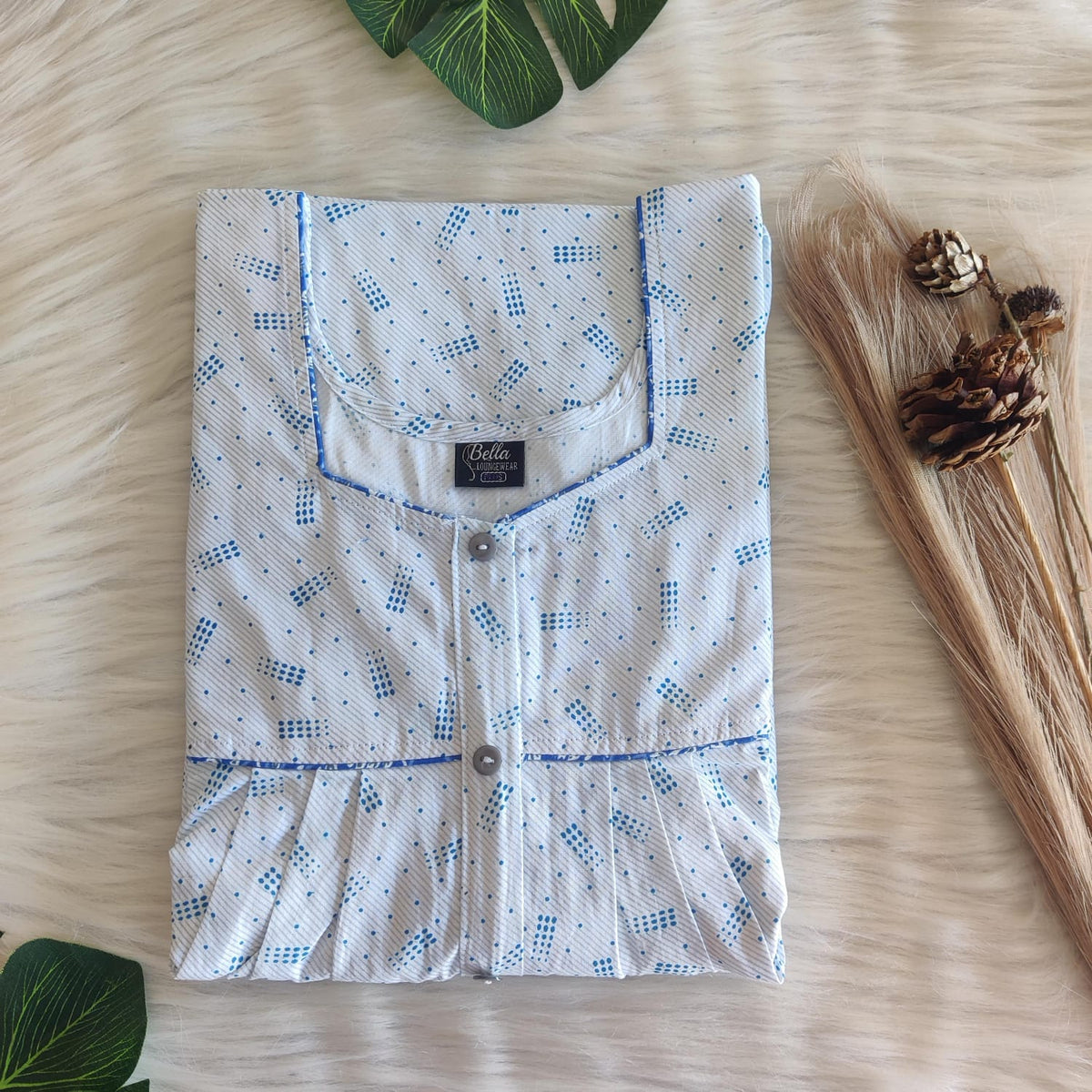 White And Blue Dot Printed Premium Cotton Button Zip Nighty | Free Size | Chest Width 44″| Length 55″-56″