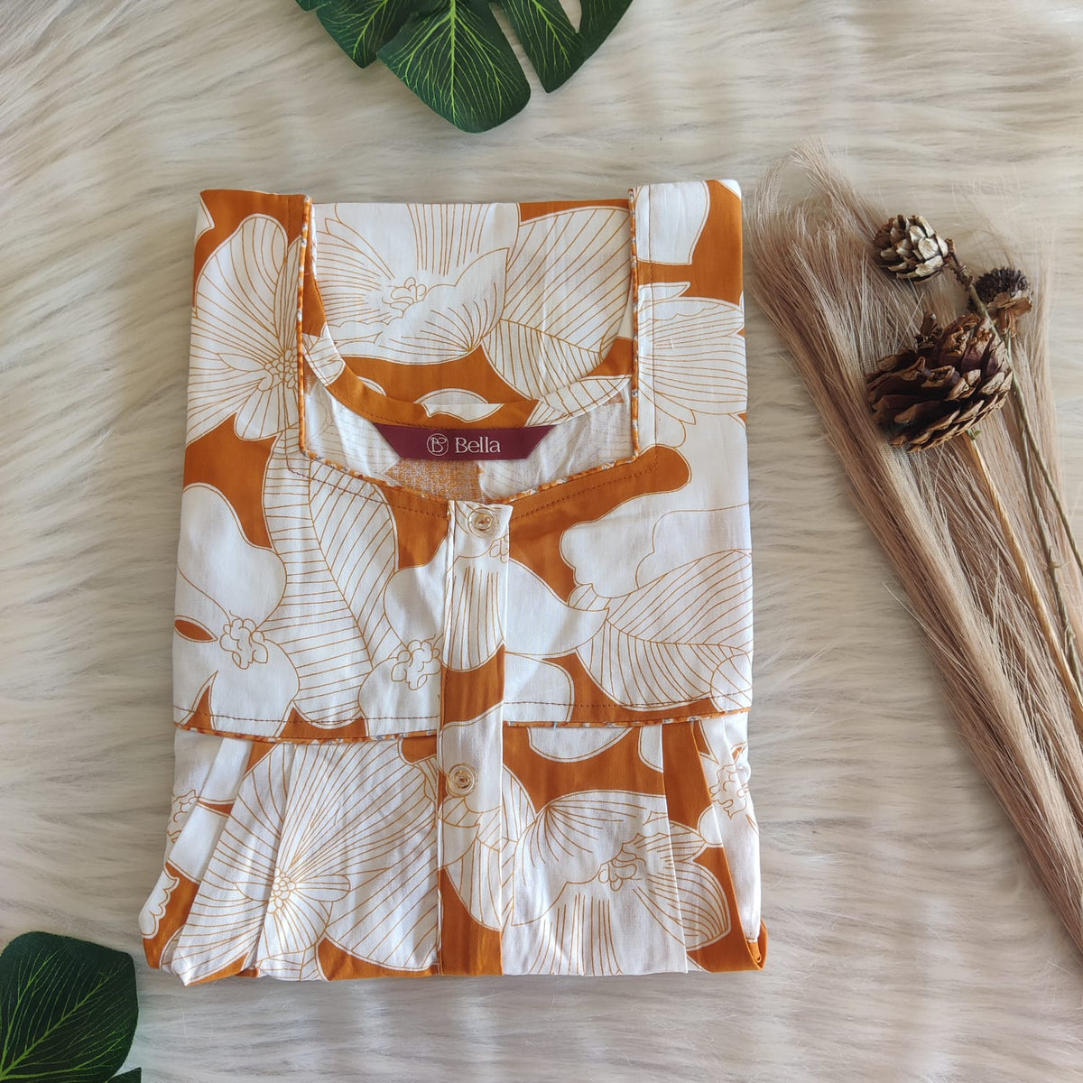 Orange And White Floral Printed Premium Cotton Button Zip Nighty | Free Size | Chest Width 44″| Length 55″-56″