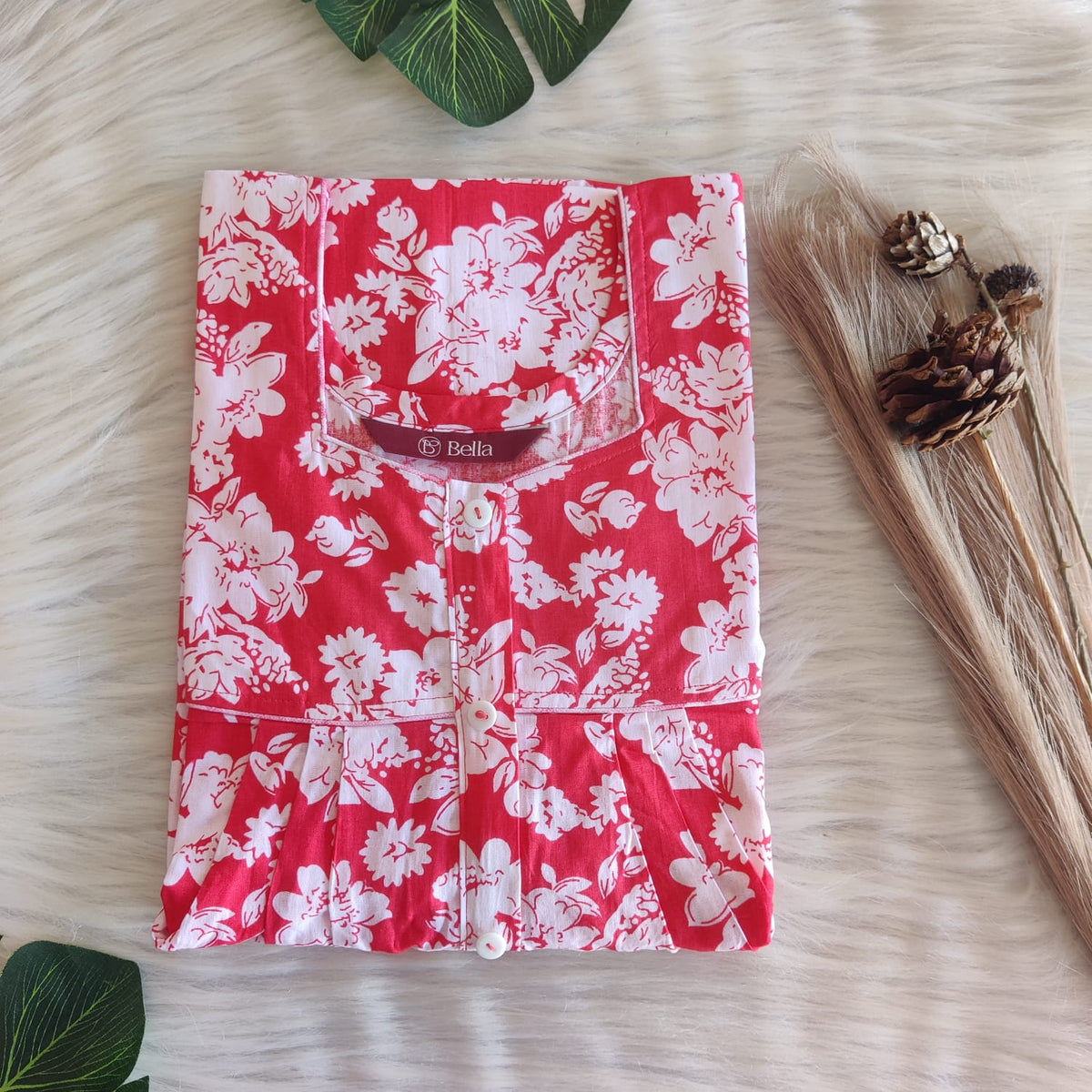Red And White Floral Printed Premium Cotton Button Zip Nighty | Free Size | Chest Width 44″| Length 55″-56″