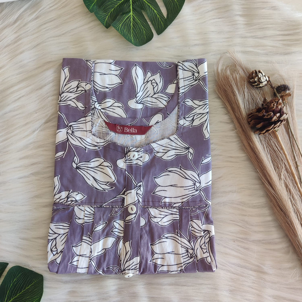 Pale Purple And White Floral Printed Premium Cotton Button Zip Nighty | Free Size | Chest Width 44″| Length 55″-56″