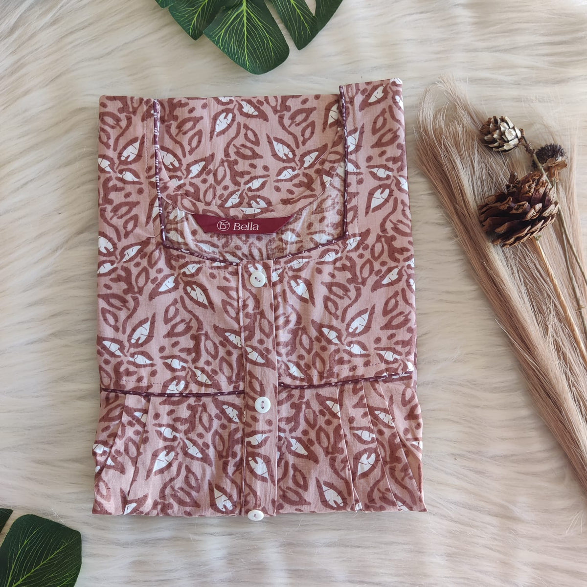 Brown And White Leaf Printed Premium Cotton Button Zip Nighty | Free Size | Chest Width 44″| Length 55″-56″