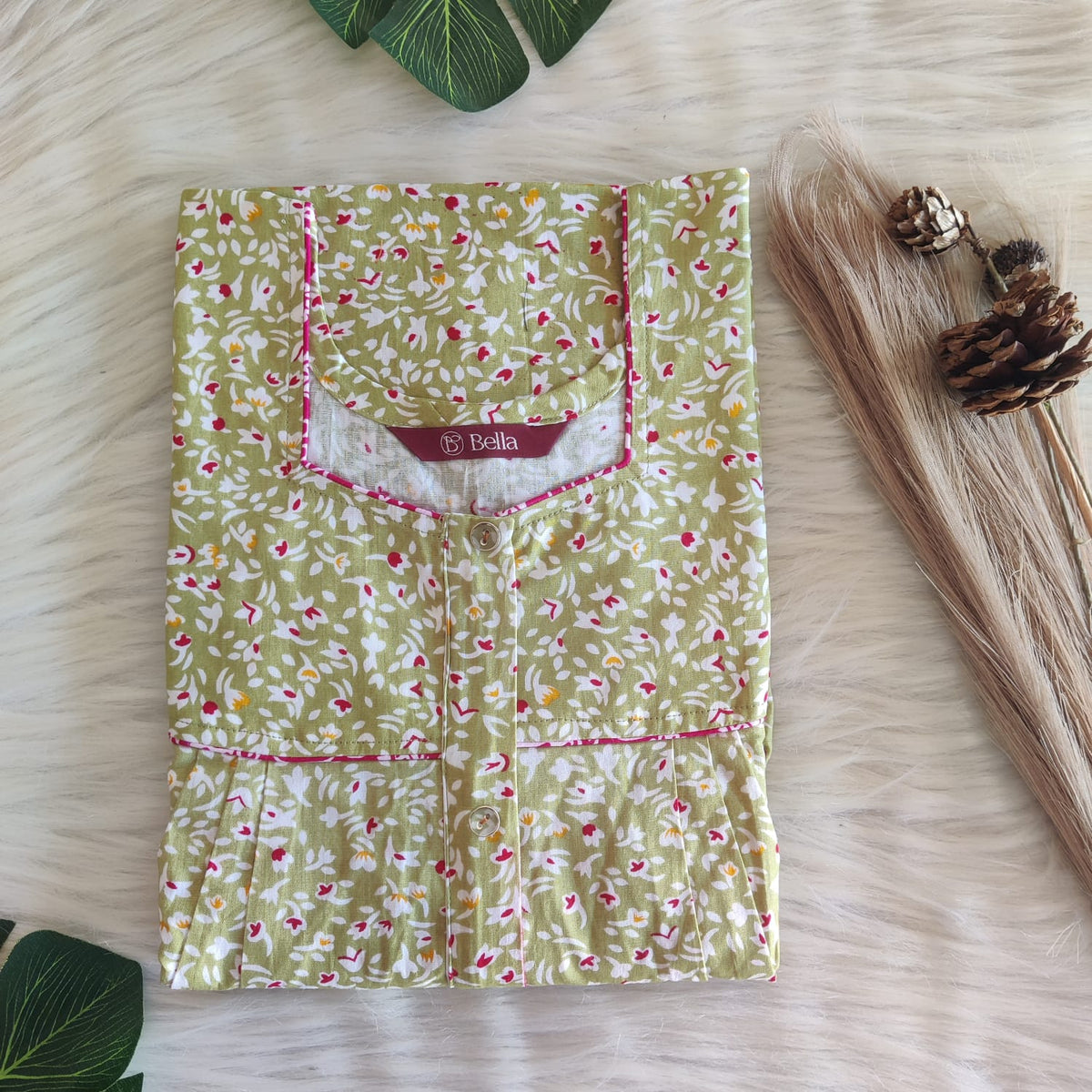 Pastel Green Floral Printed Premium Cotton Button Zip Nighty | Free Size | Chest Width 44″| Length 55″-56″