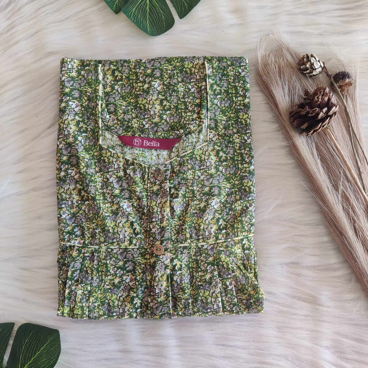 Green And Grey Printed Premium Cotton Button Zip Nighty | Free Size | Chest Width 44″| Length 55″-56″