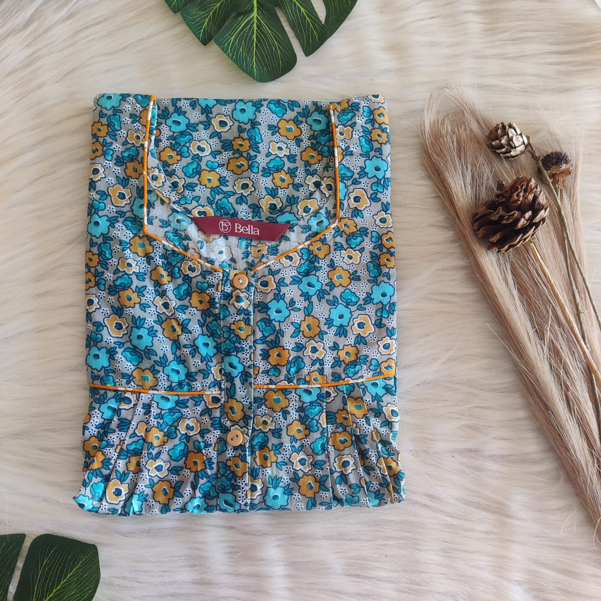 Blue And Yellow Floral Printed Premium Cotton Button Zip Nighty | Free Size | Chest Width 44″| Length 55″-56″