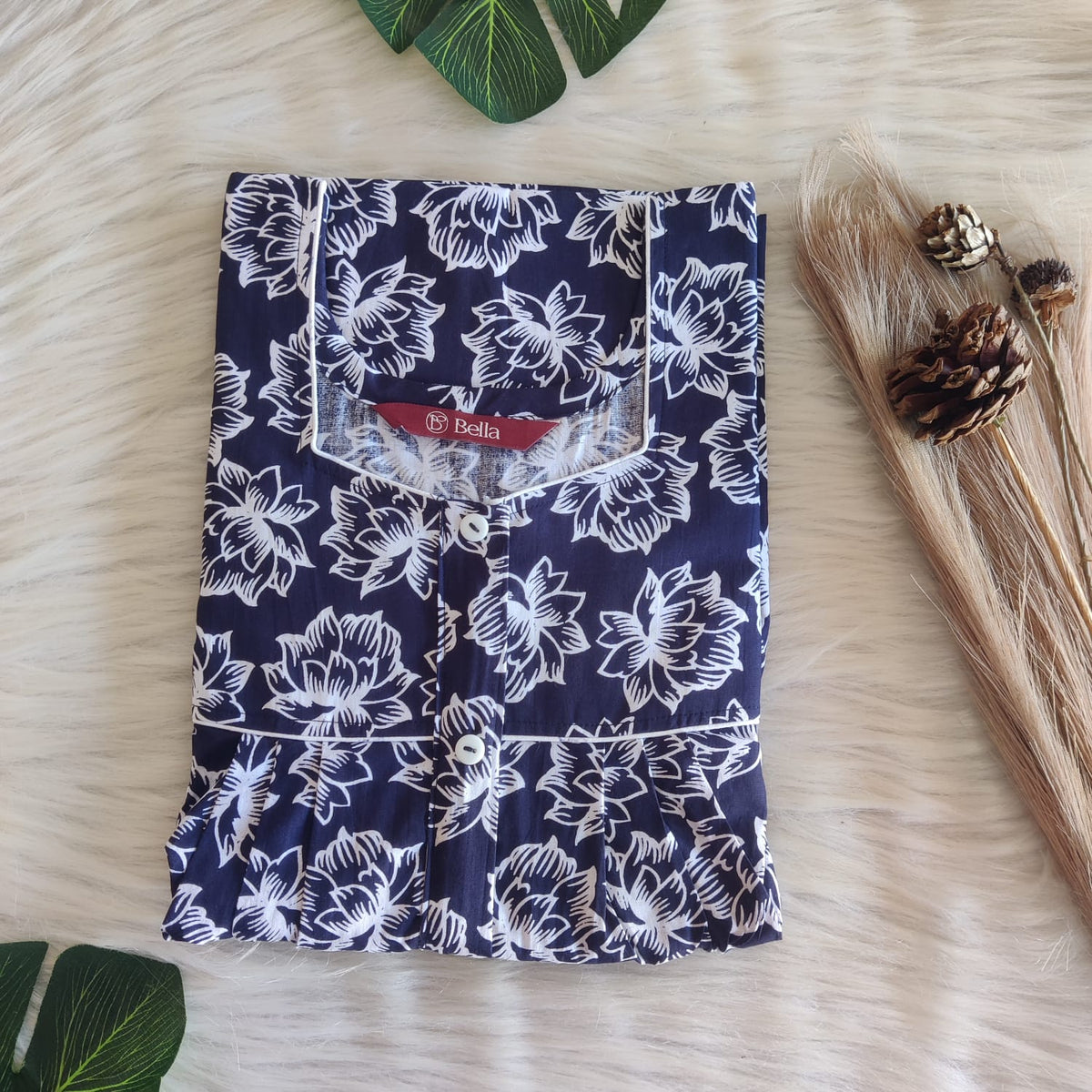 Navy Blue And White Floral Printed Premium Cotton Button Zip Nighty | Free Size | Chest Width 44″| Length 55″-56″