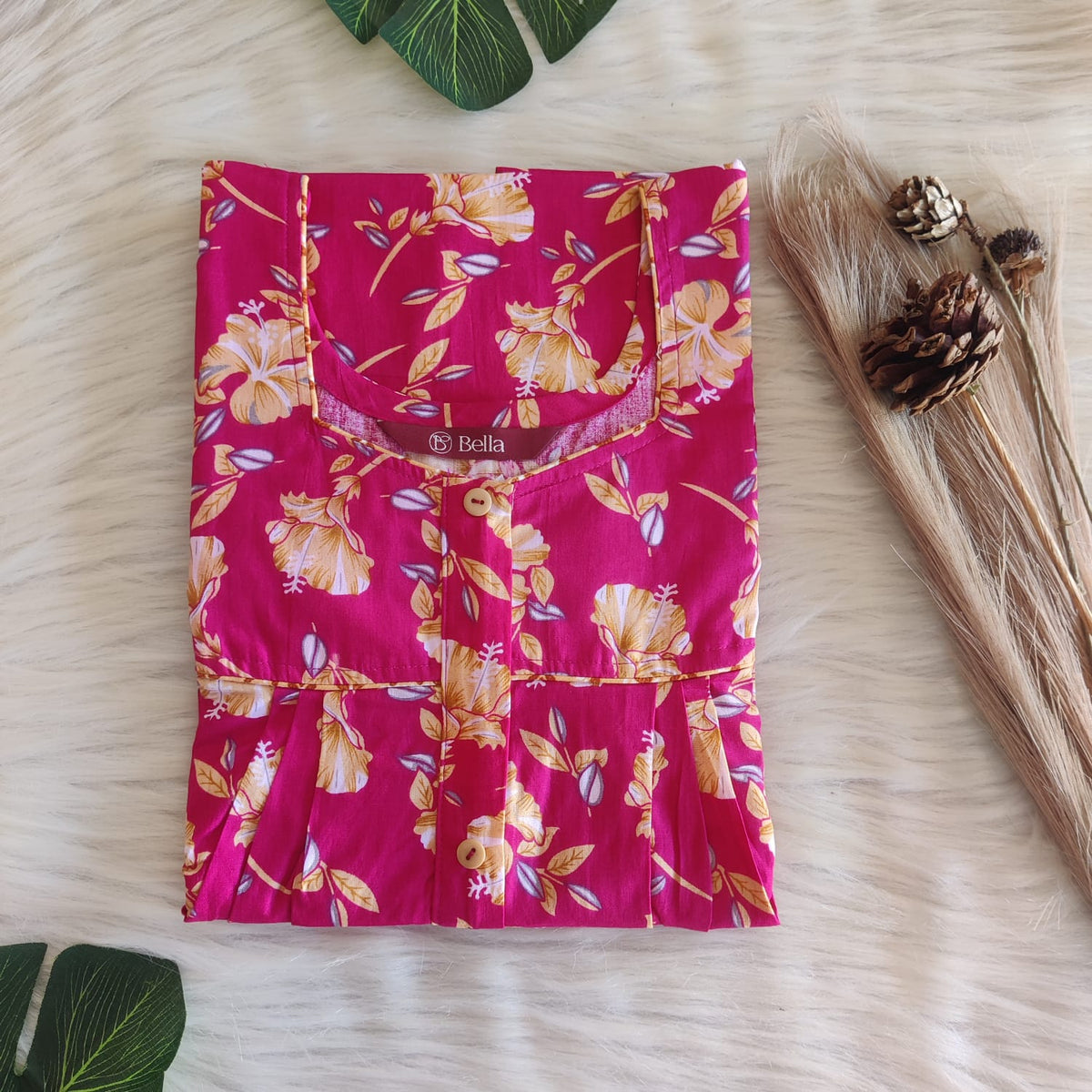 Pink And Yellow Floral Printed Premium Cotton Button Zip Nighty | Free Size | Chest Width 44″| Length 55″-56″