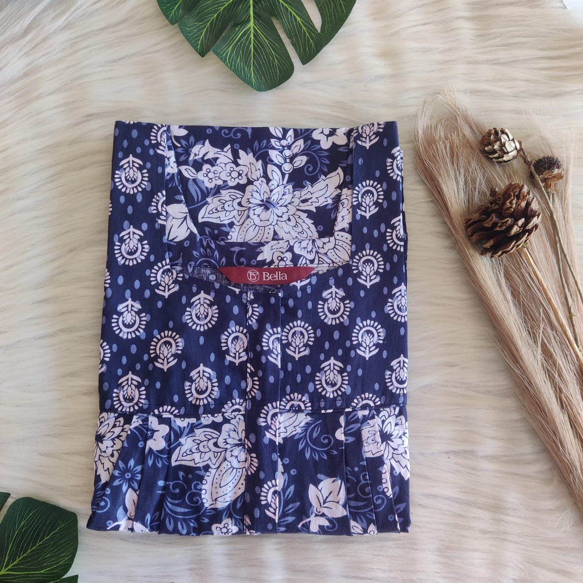 Navy Blue And White Floral Premium Cotton Square Neck Pleated Nighty | Free Size | Chest Width 44″| Length 55″-56″