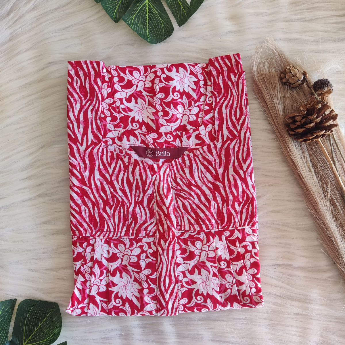 Red And White Floral Premium Cotton Square Neck Pleated Nighty | Free Size | Chest Width 44″| Length 55″-56″