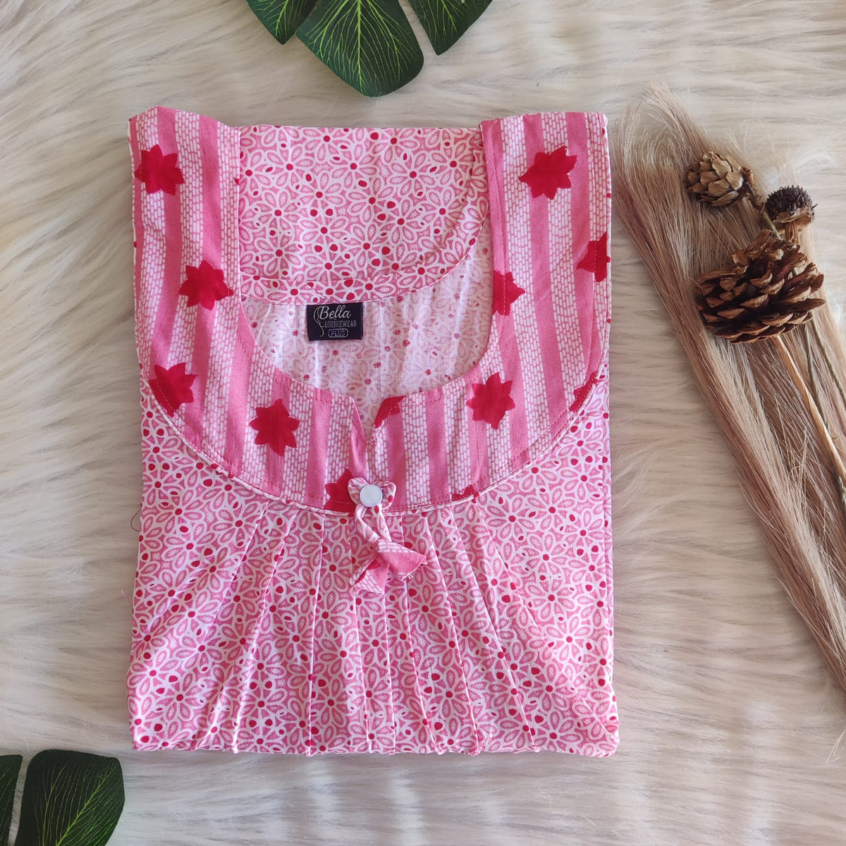 Pink And White Printed Premium Cotton No Zip Pleated Nighty | Free Size | Chest Width 44″| Length 55″-56″