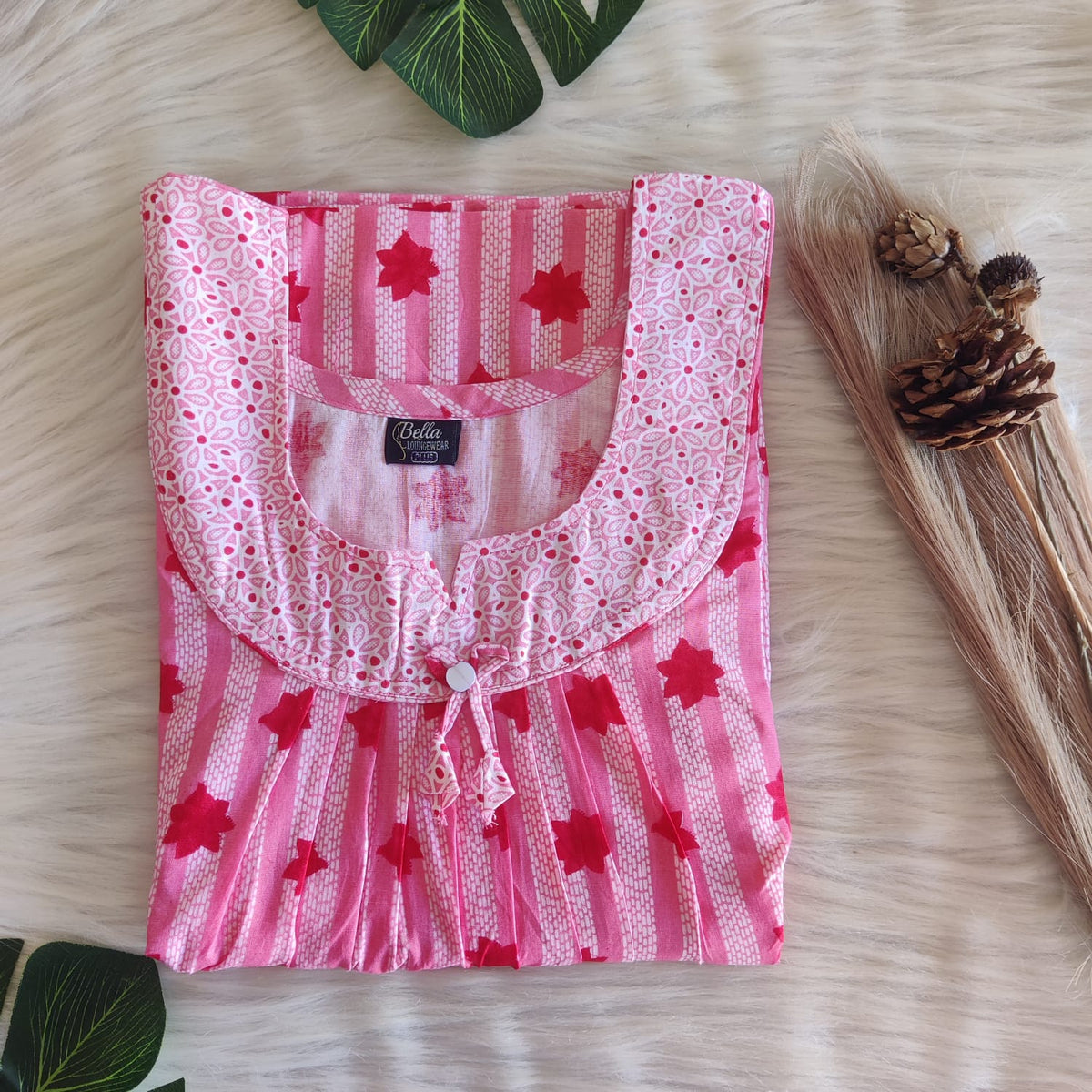 White And Pink Floral Printed Premium Cotton No Zip Pleated Nighty | Free Size | Chest Width 44″| Length 55″-56″