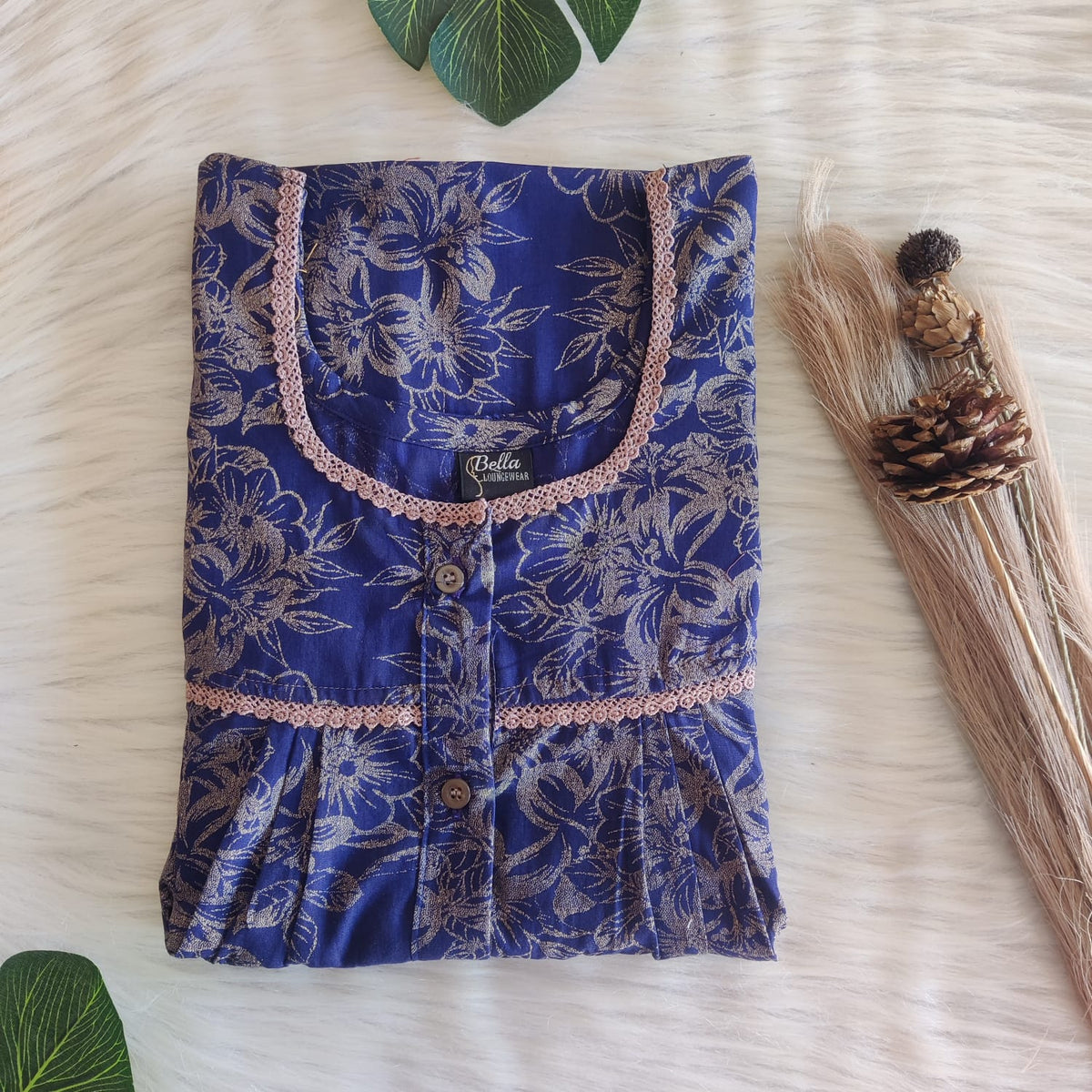 Navy Blue And Cream Floral Printed Discharge Cotton Lace Button Nighty | Free Size | Chest Width 44"| Length 54"-56"
